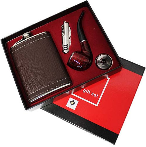 Vlv Herren Geschenkset 4 Teile Trinkflasche Pfeife Trichter Taschenmesser Braune