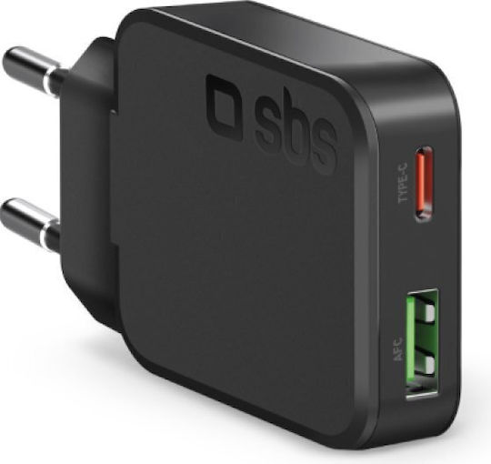 SBS Φορτιστής Χωρίς Καλώδιο GaN με Θύρα USB-A και Θύρα USB-C 45W Power Delivery Μαύρος (Ultra-Slim)