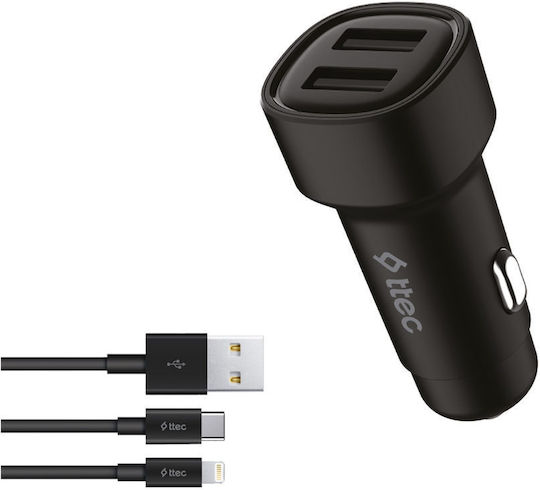 TTEC Φορτιστής Αυτοκινήτου 5W με Θύρες: 2xUSB μαζί με Καλώδιο Lightning / Type-C Μαύρο Χρώμα