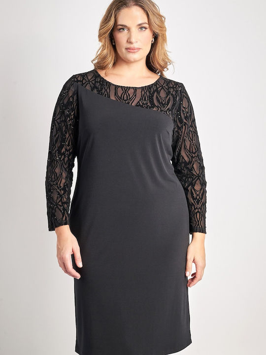 Midi Abendkleid mit Spitze & Transparenz Schwarz