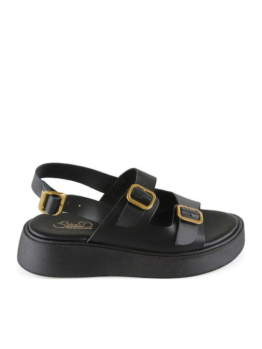 Δερμάτινα Γυναικεία Σανδάλια Flatforms Μαύρα