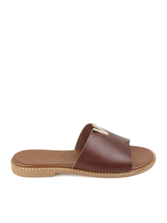 Leather Women's Flat Sandals in Brown Color
