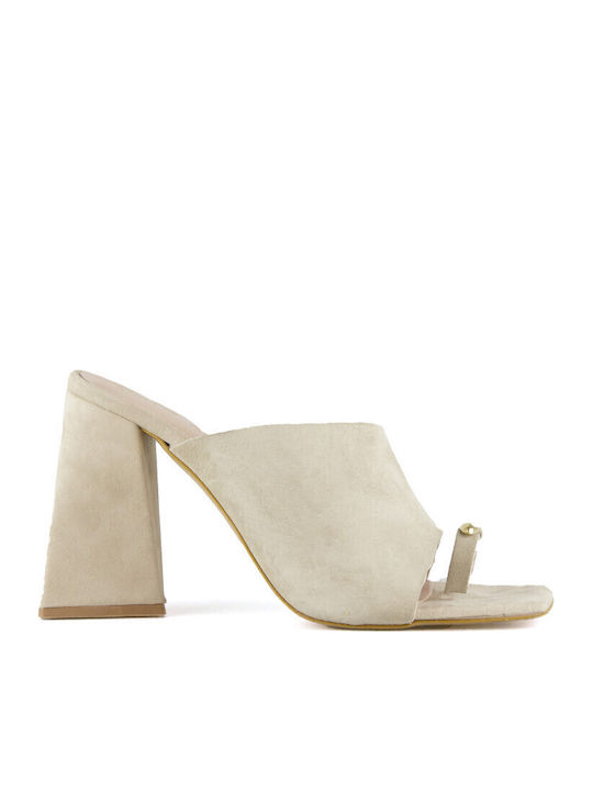 Silia D Leather Mules with Heel in Beige Color