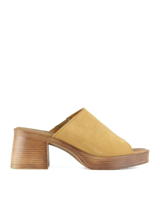 Leather Mules with Chunky Heel in Brown Color