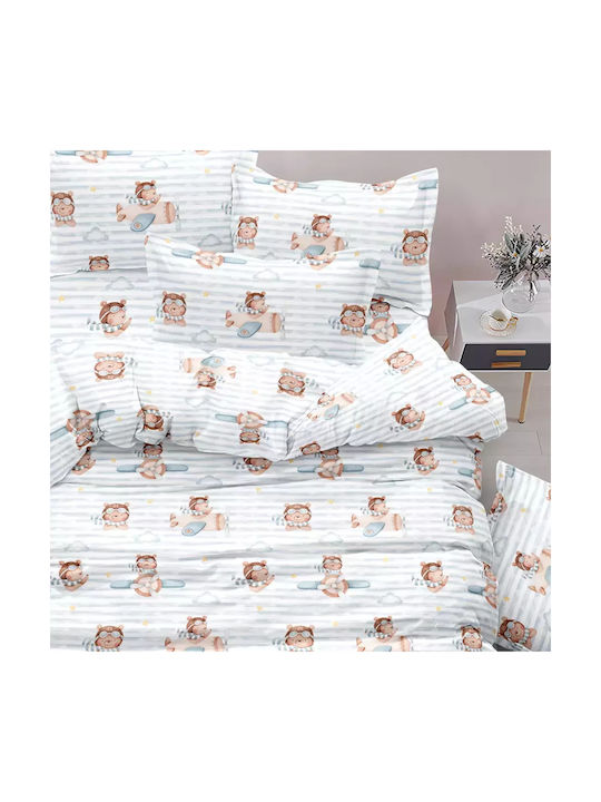 Borea Kids Sheets Set Single Cotton Pilot Light Blue 160x250cm 3 Pieces