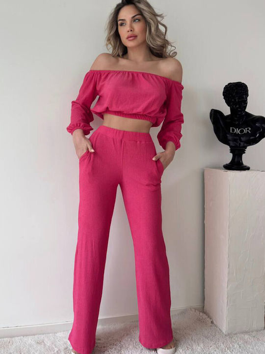 Femei Roz Set cu Pantaloni Evazați