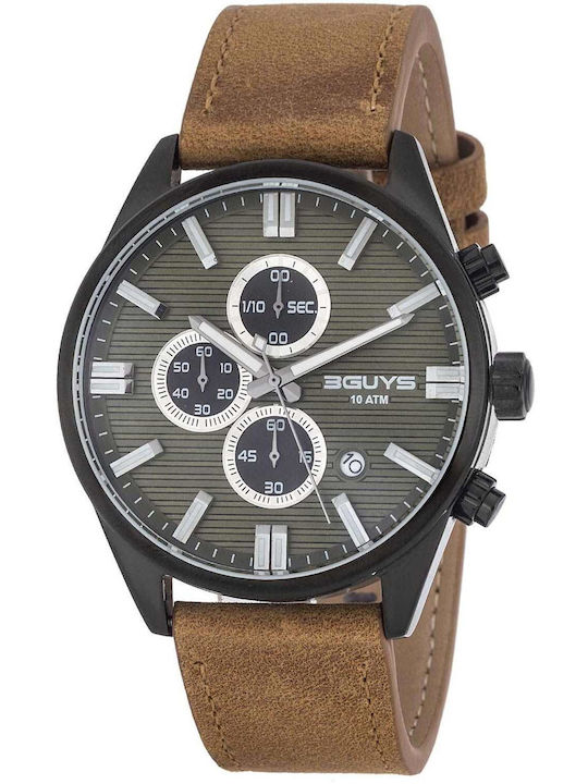 3Guys Men's Watch Chronograph Battery with Brown Leather Strap