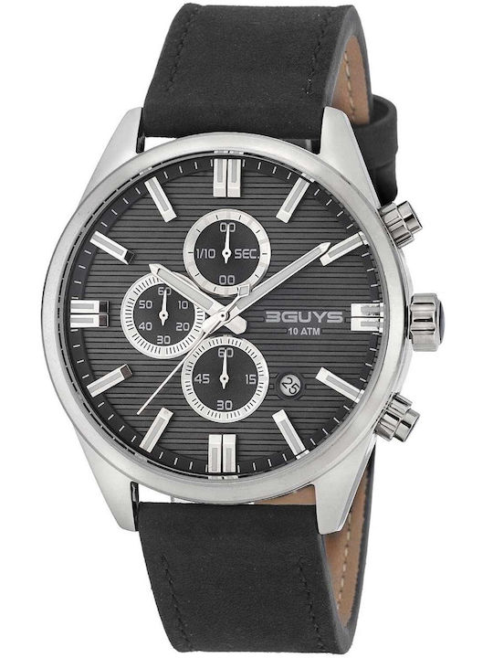 3Guys Men's Watch Chronograph Battery with Black Leather Strap