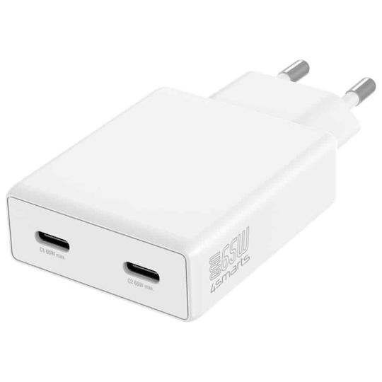 4Smarts Φορτιστής Χωρίς Καλώδιο GaN με 2 Θύρες USB-C 65W Power Delivery Λευκός (PDPlug Slim Dual)
