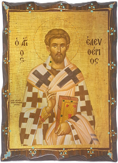 Saint Icon of Saint Eleftherios Height 31cm Width 22.5cm Natural Wood