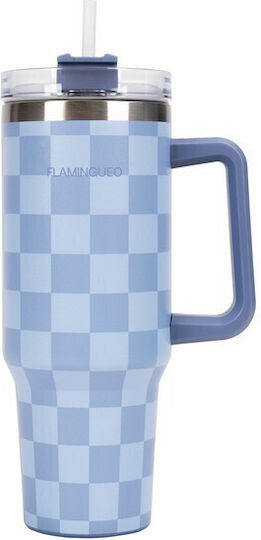 Flamingueo Μπουκάλι Θερμός Ανοξείδωτο 1.18lt Μπλε με Καλαμάκι και Λαβή