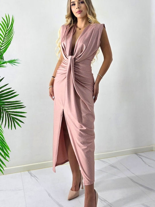 Maxi Βραδινό Φόρεμα με Σκίσιμο Powder Pink