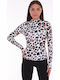 Bluza Damă Crop Top Bumbac Cu Guler Înalt Mânecă Lungă Animal Print Alb