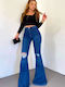 Hoch tailliert Damenjeans Schlaghose in Entspannter Passform Blue