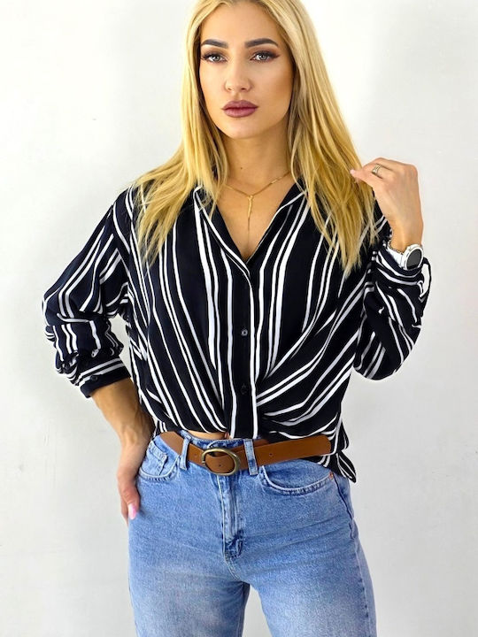 Langärmelig Damen Hemd Black/white Gestreift