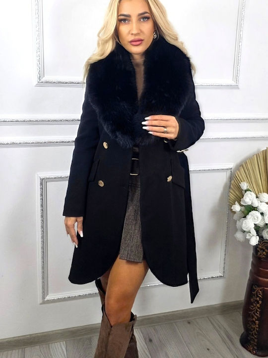 Wolle Damen Black Mantel mit Fellbesatz
