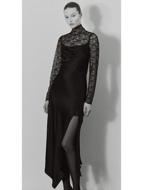 Maxi Evening Satin Dress with Lace and Tearing Black