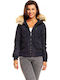 Damen Puffer Jacke mit pelziger Kapuze für Winter Blue