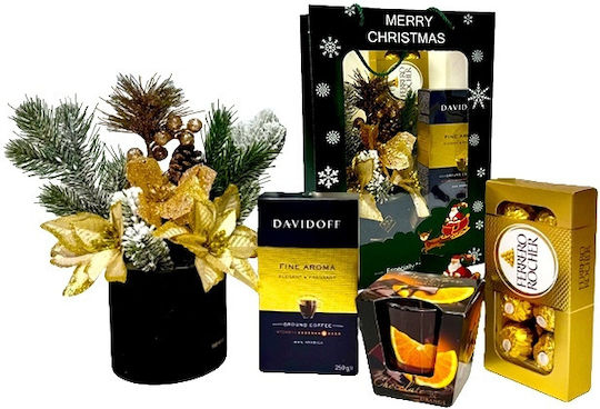 Pachet De Crăciun Aranjament Floral De Crăciun Praline Ferrero Rocher Lumânare Parfumată Cu Cafea Davidoff Ambalat În Pungă Cadou Negru-Auriu