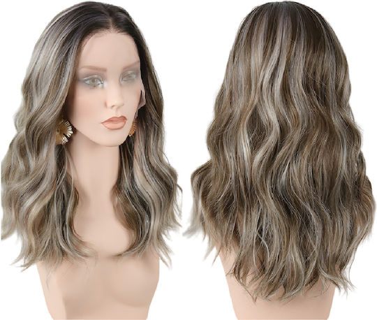 Damen Perücke Full Lace 13x4 Unsichtbare Anwendung Kastanie Highlights Synthetisches Haar Hochwertige 20 Zoll