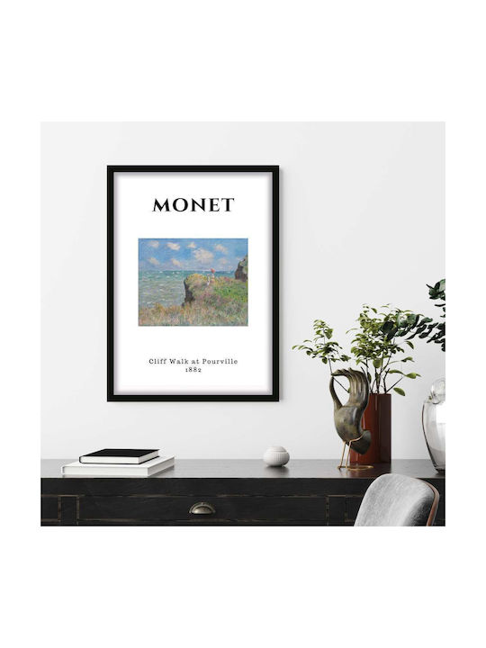 Poster Monet Cliff Walk At Pourville Art009 30cm X 40cm Frame Dark Natural Wood Brown