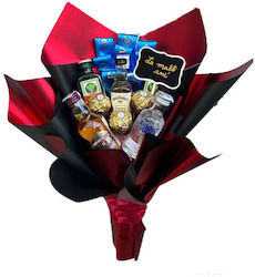 Buchet Cadou Delice Bărbați Banner Text „La Mulți Ani!” 3 Praline Ferrero Set Miniaturi Spirite Chivas Regal 12 Ani Absolut Vodka Jack Daniels Două Sticle Jagermeister
