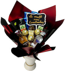 Delice Cadou Buchet Bărbați Banner Text "La Mulți Ani Constantin!" 3 Praline Ferrero Miniaturi Spirite Chivas Regal 12 Ani Absolut Vodka Jack Daniels Două Sticle Jagermeister