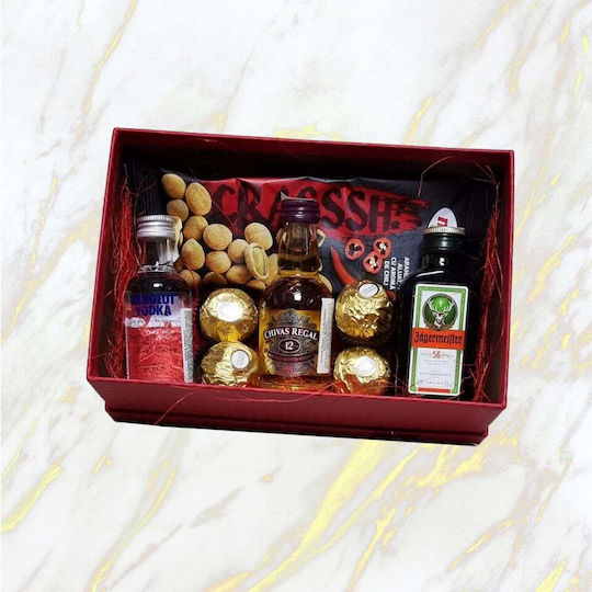 Happy Gift Package Elegant Red Box A Selection Miniature Alcoholic Beverages Pralines Spicy Nuts