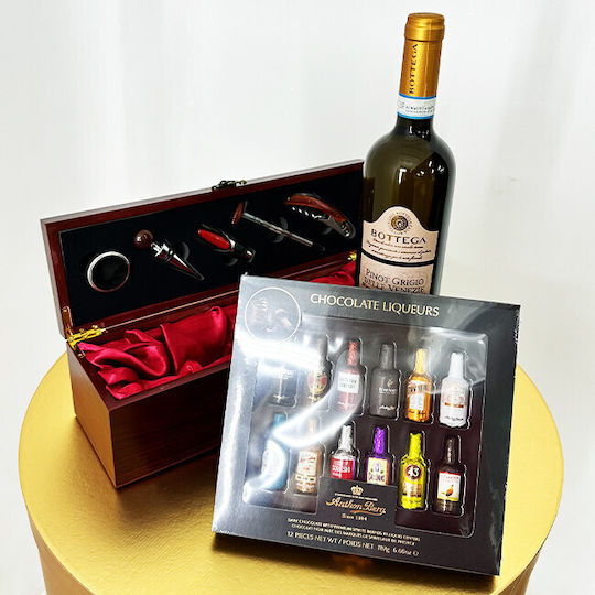 Set Cadou Highball Bottega Pinot Grigio Doc 0.75l Vin Ciocolată Praline Lichior Casetă Dreptunghiulară Accesorii Bar