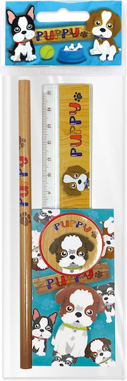Set Școlar Cățeluș 1 Radieră 1 Ascuțitoare 1 Riglă 15 Cm 1 Creion 1 Mini Caiet