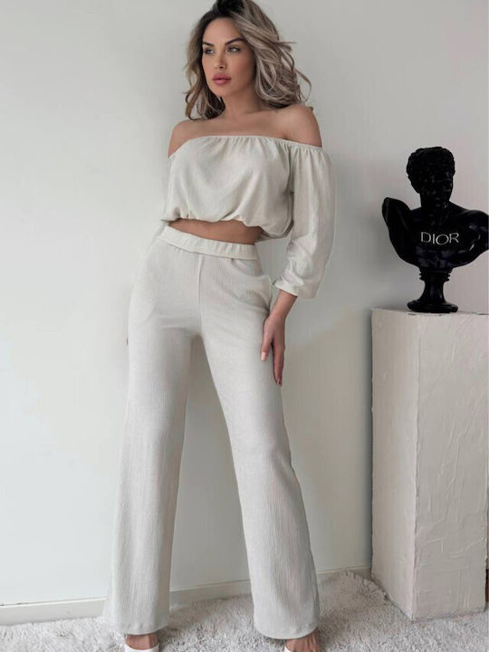 Women's Cream Set with Pants in Loose Fit Striped