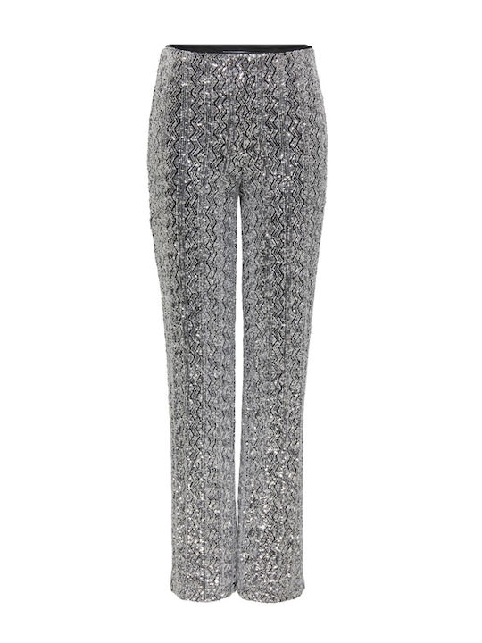 Damen Hoch tailliert Stoff Hose in Geradem Schnitt Silver-black mit Pailletten