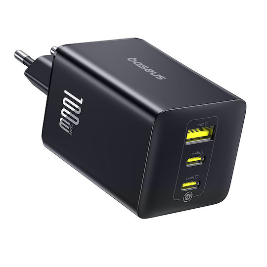 Baseus Φορτιστής Χωρίς Καλώδιο GaN με Θύρα USB-A και 2 Θύρες USB-C 100W Power Delivery / Quick Charge 3.0 Μαύρος (EnerFill FE11)
