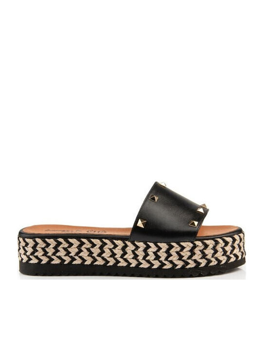 Leather Women's Flat Sandals Flatforms in Black Color