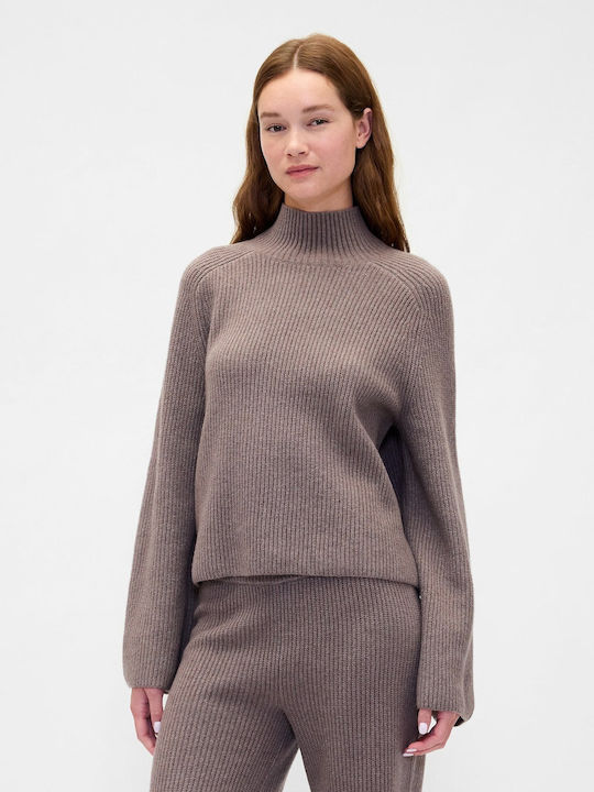 Women's Long Sleeve Crop Sweater Cotton Turtleneck Toasted Almond Brown