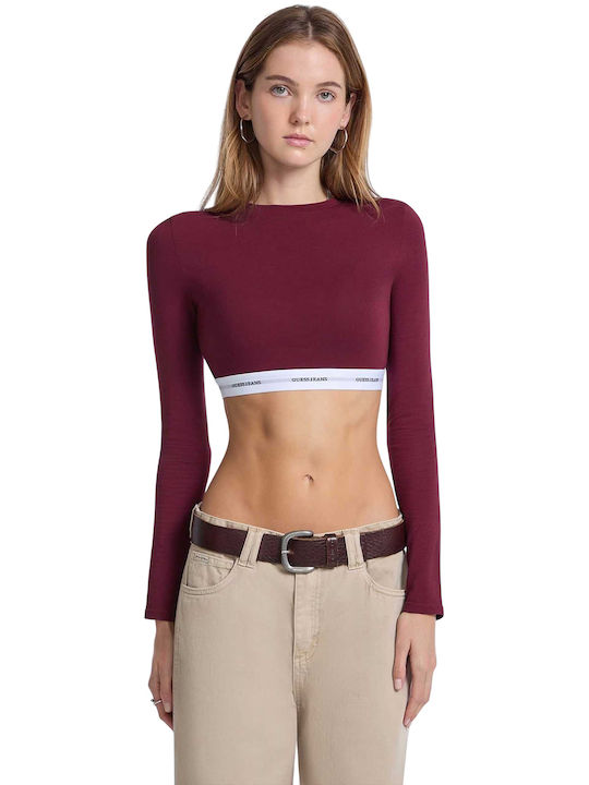 Guess Top Crop Mânecă Lungă Burgundy Damă