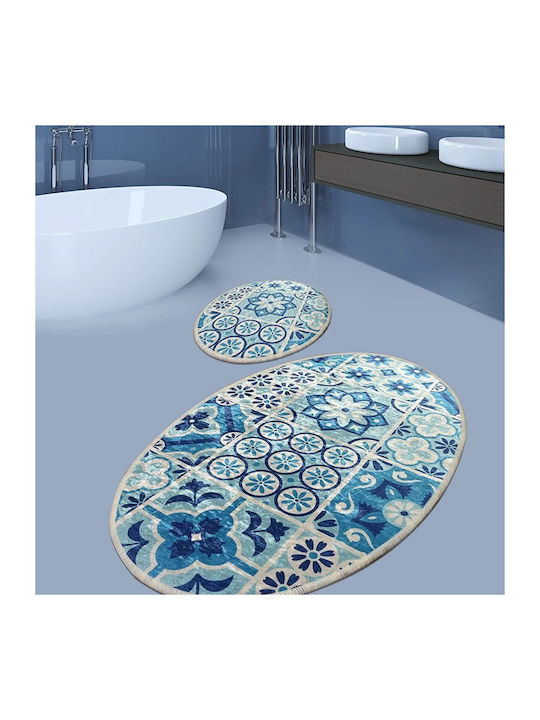 Rutschfest Set Badematten Synthetisch,Polyester/Cotton/Leather Oval SRMK4506 Blue 2Stück