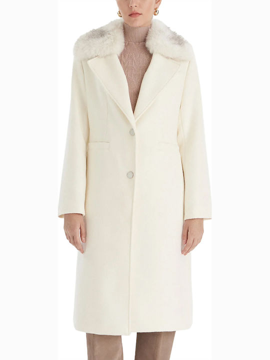 Guess Women's Cream White Coat with Fur Details