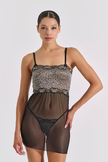 Milena by Paris Sexy Set with Nightgown & Robe with Lace & Transparency Black 003464-Black