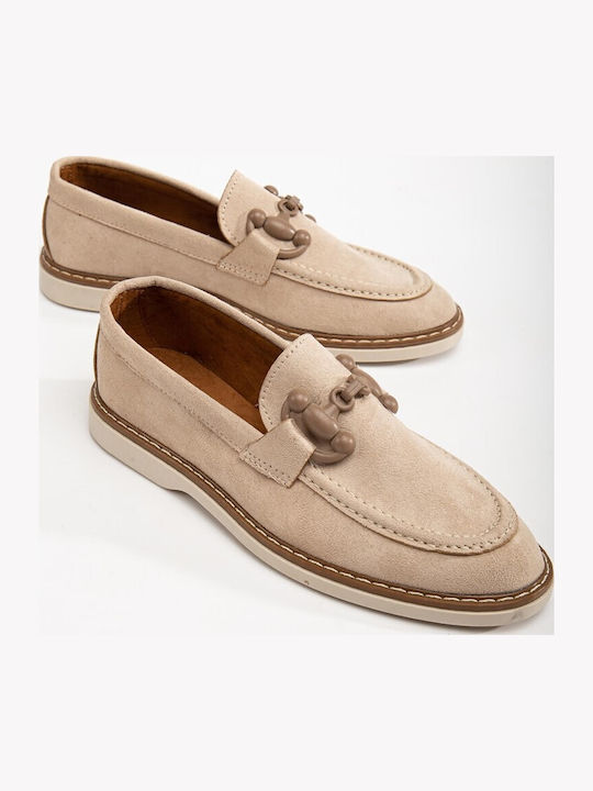 Leather Women's Loafers in Beige Color