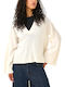 Women's Long Sleeve Sweater Woolen with V Neckline Ecru