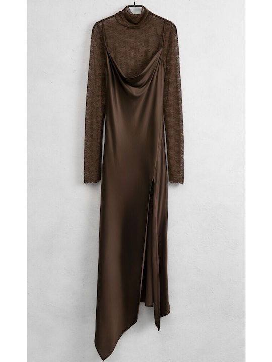 Lumina Maxi Evening Satin Dress with Lace & Tea...