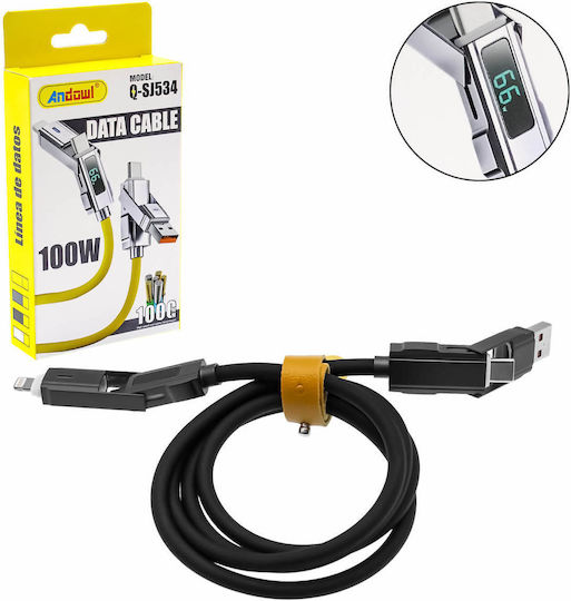 Andowl LED USB-C to Lightning Cable 100W Μαύρο 1m Q-SJ534