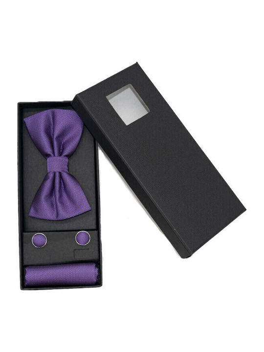 3-teiliger Eleganter Set Herren Fliegen Manschettenknöpfe Einstecktuch Aus Stoff Lila Eg011