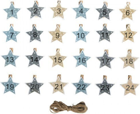 Σετ 24 Ξυλινα Μανταλακια 3,5cm Αστερια Αριθμους Advent Calendar Κορδονι
