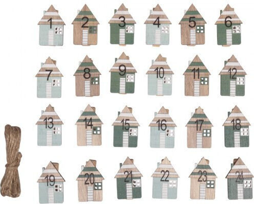 Set 24 Wooden Clothespins Houses Numbers Advent Calendar Cord