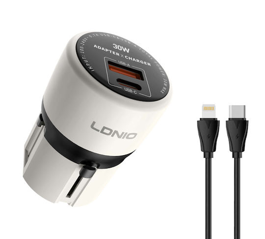 Ldnio Mobile Phone Charger Without Cable with USB-A Port and USB-C Port and USB-C - Lightning Cable 30W Power Delivery Gray