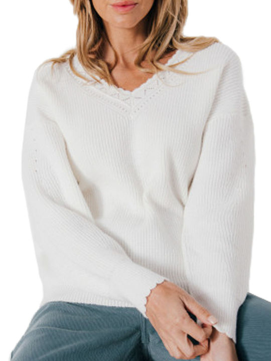 Women's Sweater with V Neckline White