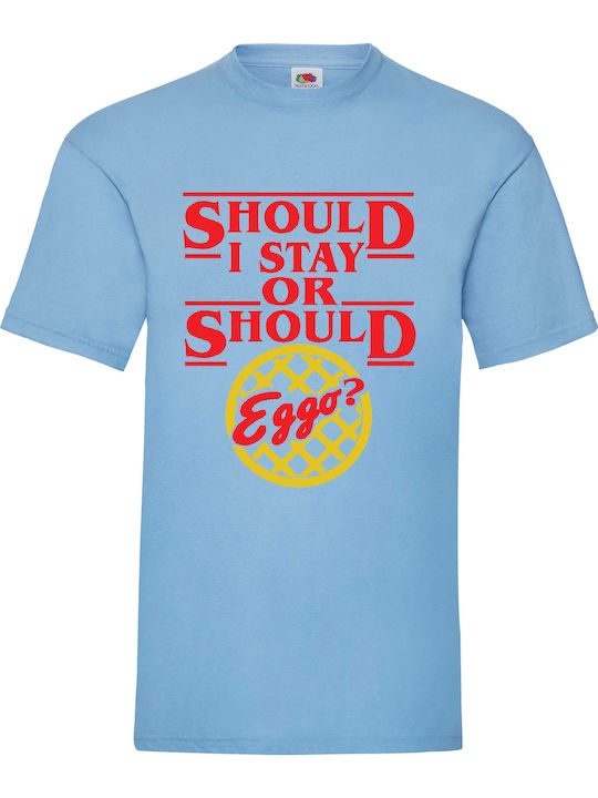 Γαλάζια Μπλούζα Tshirt Stranger Things Original Fruit Loom 100% Βαμβάκι No21 Should I Stay Should I Eggo