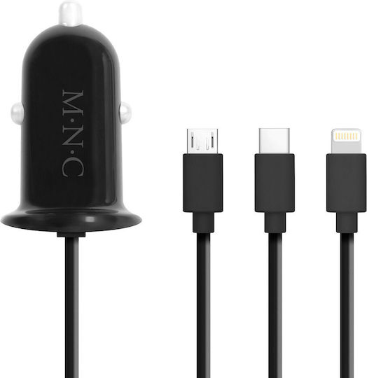 Adaptor Încărcător Auto 3în1 12-24v Usb + Lightning Micro Usb Usb Type-c Cablu 3.1a Negru M N C 54920bk